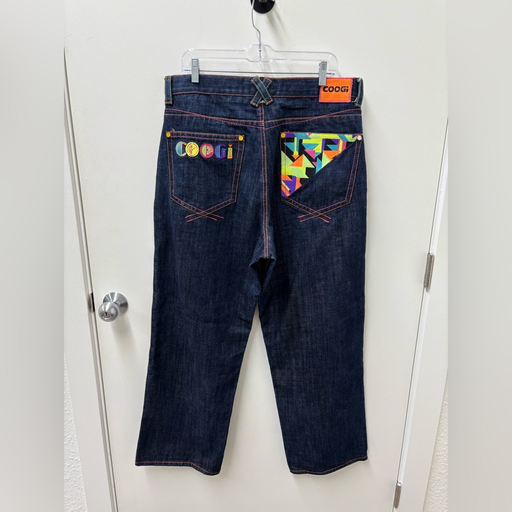 COOGI Men’s Denim Jeans 36x34 with Multicolor Geometric Patch Pockets